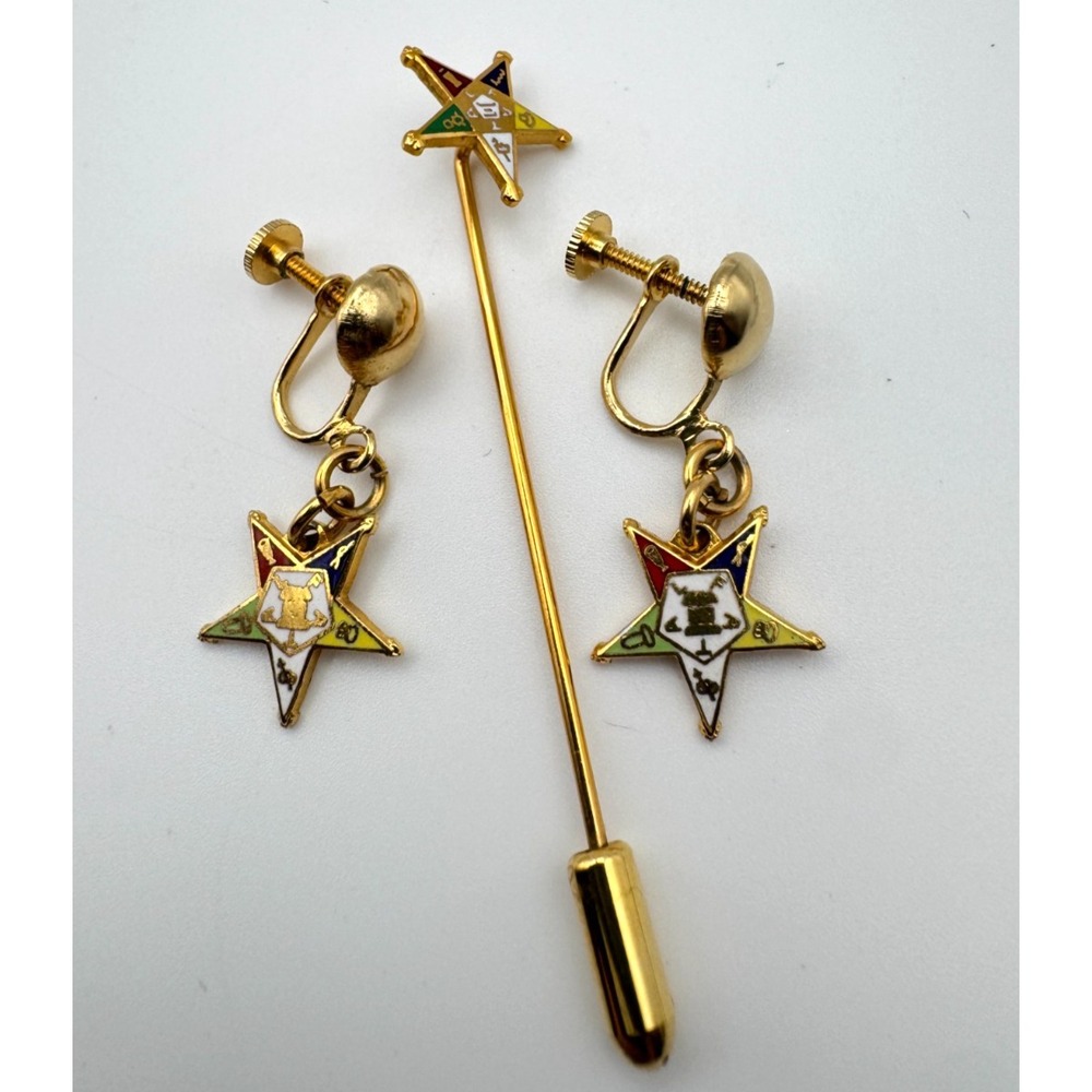 Vintage Order of the Eastern Star‎ Jewelry Set Enamel Stick Pin & Earrings OES